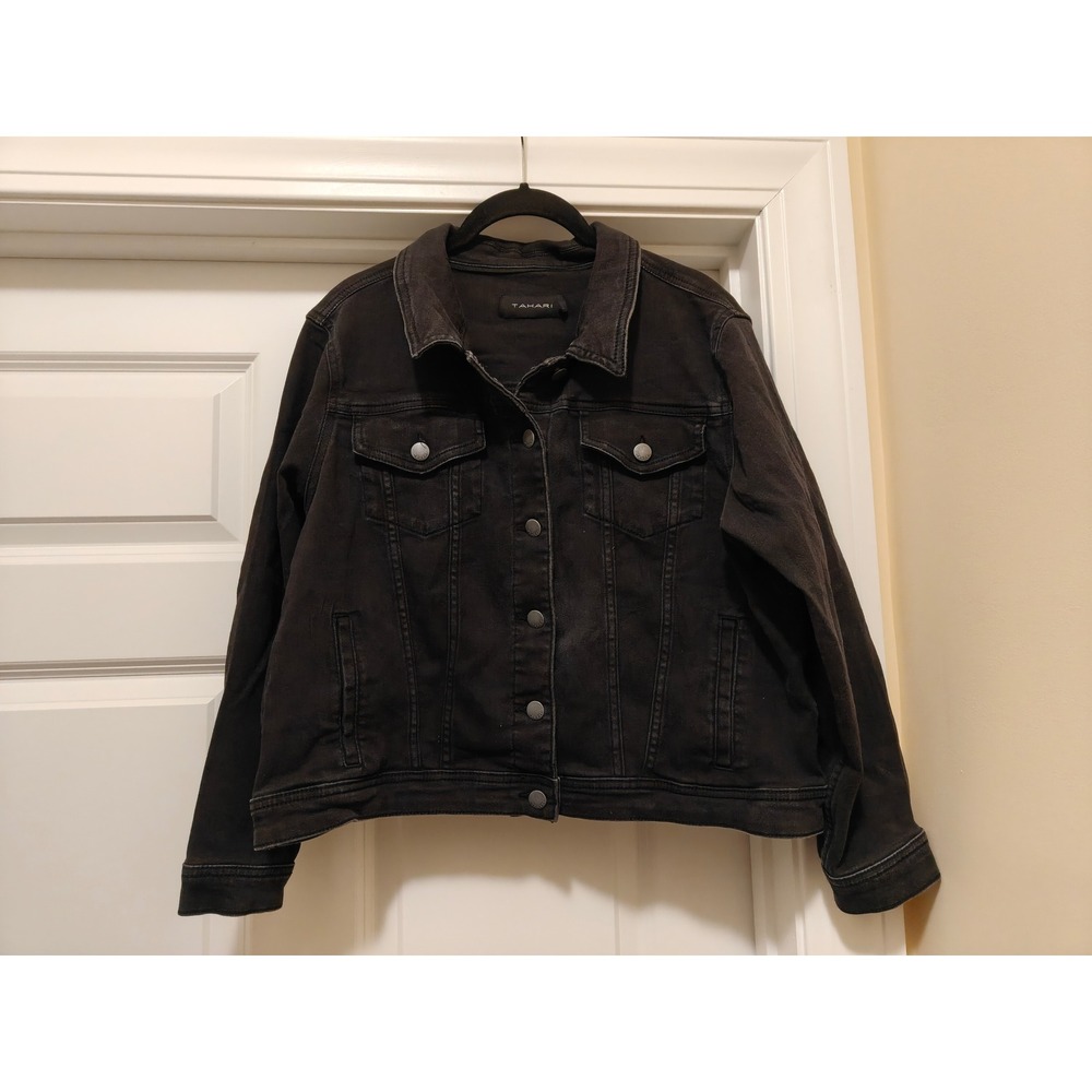 Tahari Black Denim Trucker Jacket Womens PXL Petite XL Button Front Jean Coat